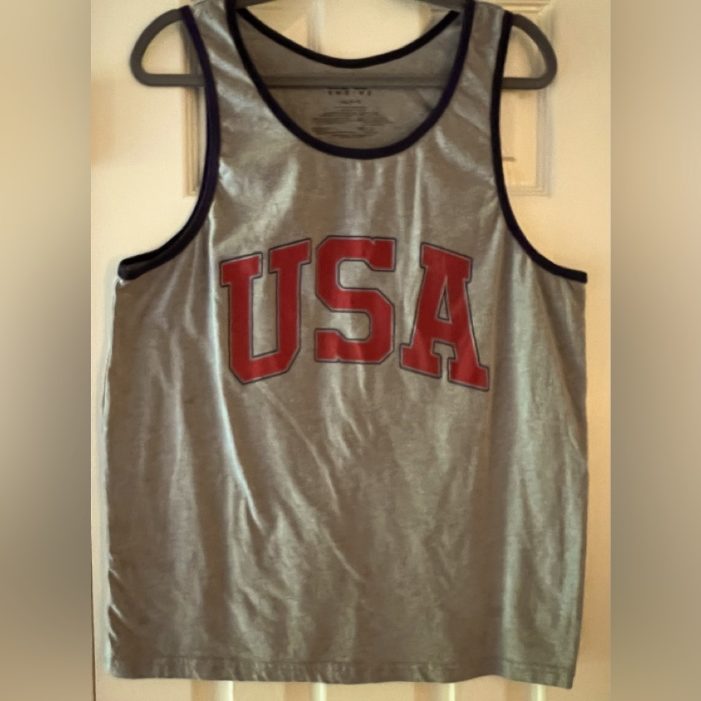 Mad Engine Men’s Large Tank Top Graphic USA Print Gray With Navy Piping Summer